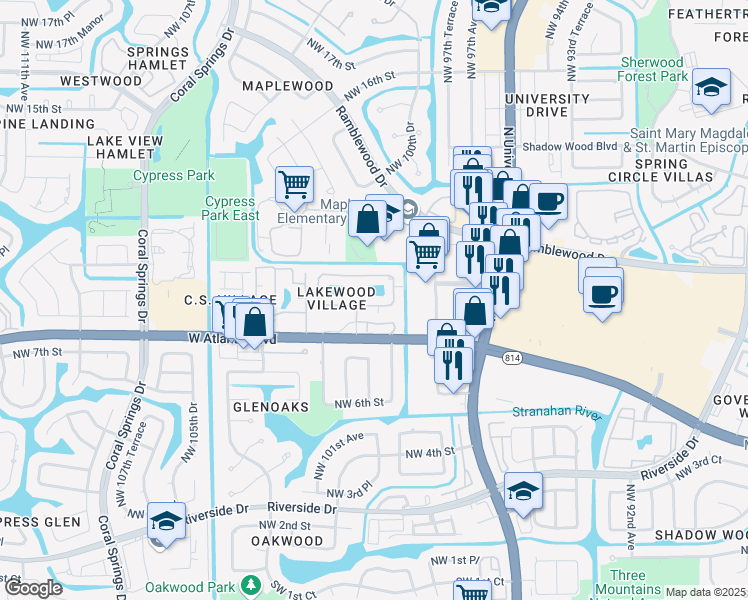 map of restaurants, bars, coffee shops, grocery stores, and more near 9963 Twin Lakes Drive in Coral Springs