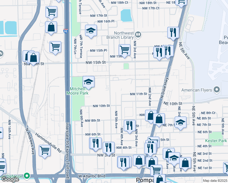 map of restaurants, bars, coffee shops, grocery stores, and more near 1121 Northwest 5th Avenue in Pompano Beach