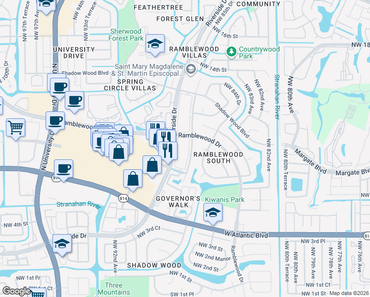 map of restaurants, bars, coffee shops, grocery stores, and more near 977 Riverside Drive in Coral Springs