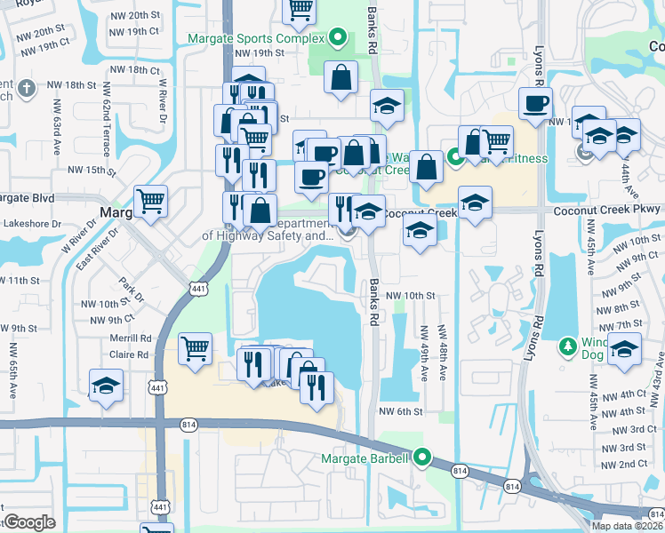 map of restaurants, bars, coffee shops, grocery stores, and more near 713 Banks Road in Margate