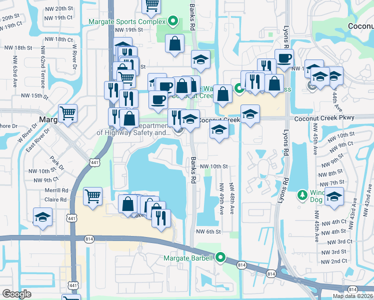 map of restaurants, bars, coffee shops, grocery stores, and more near 1121 Banks Road in Margate