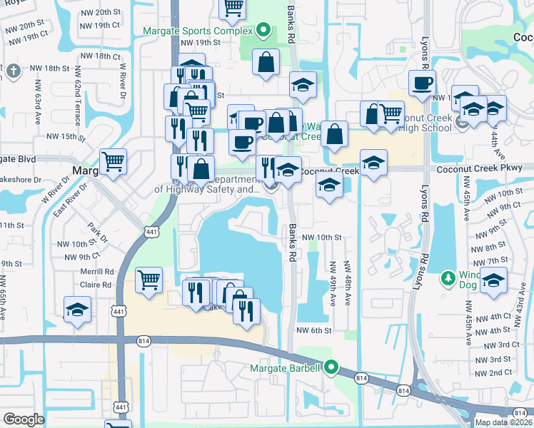 map of restaurants, bars, coffee shops, grocery stores, and more near 713 Banks Road in Margate