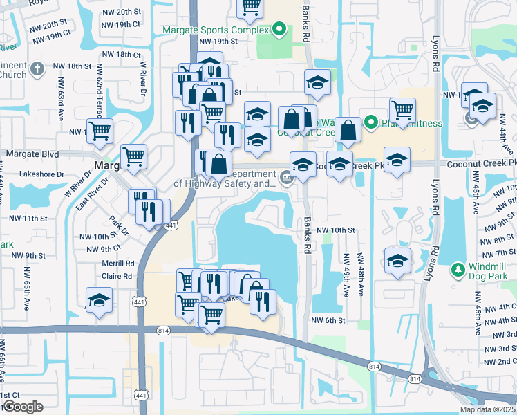 map of restaurants, bars, coffee shops, grocery stores, and more near 677 Banks Road in Margate