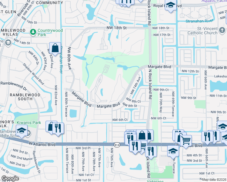 map of restaurants, bars, coffee shops, grocery stores, and more near 7837 Golf Circle Drive in Margate