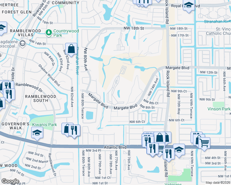 map of restaurants, bars, coffee shops, grocery stores, and more near 7877 Golf Circle Drive in Margate