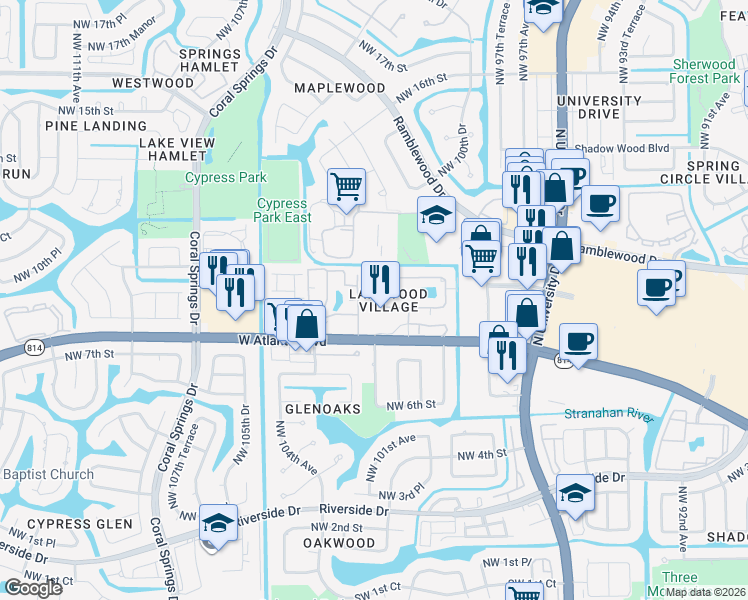 map of restaurants, bars, coffee shops, grocery stores, and more near 848 Twin Lakes Drive in Coral Springs