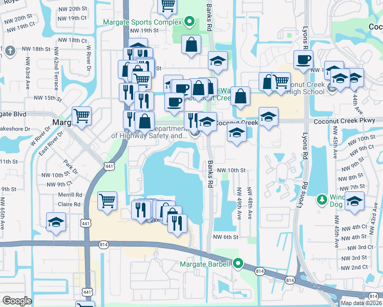 map of restaurants, bars, coffee shops, grocery stores, and more near 713 Banks Road in Margate