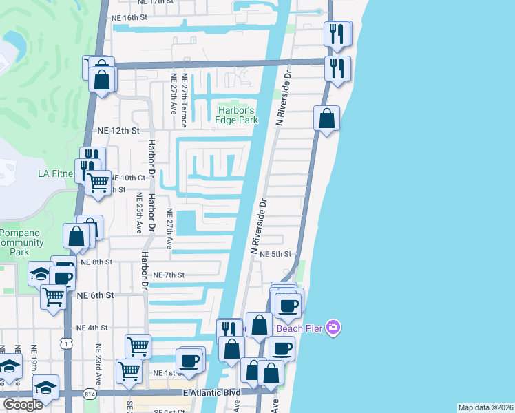 map of restaurants, bars, coffee shops, grocery stores, and more near 615 North Riverside Drive in Pompano Beach