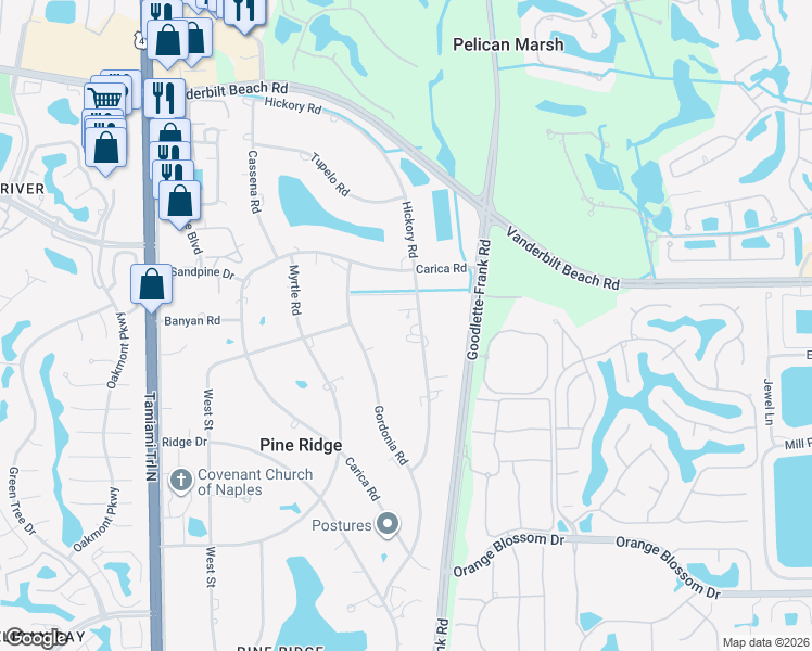 map of restaurants, bars, coffee shops, grocery stores, and more near 669 Hickory Road in Naples