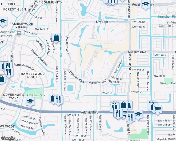 map of restaurants, bars, coffee shops, grocery stores, and more near 7877 Golf Circle Drive in Margate