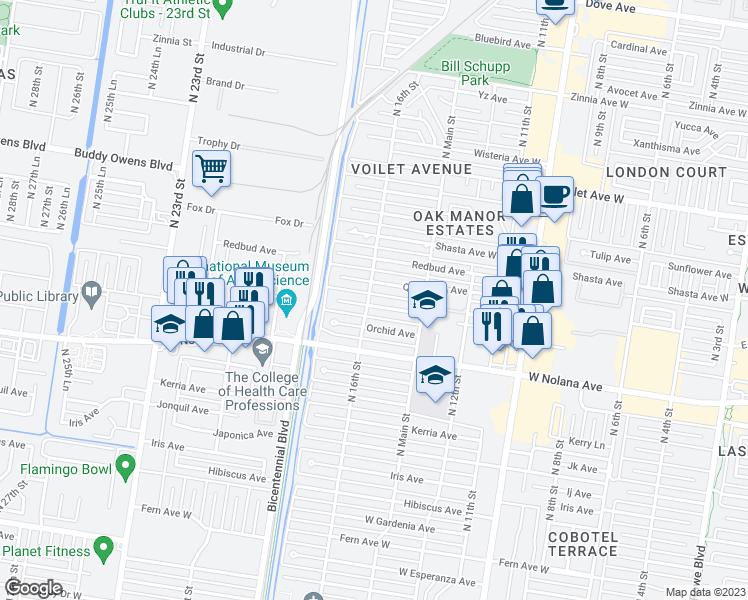 map of restaurants, bars, coffee shops, grocery stores, and more near 1524 Primrose Avenue in McAllen