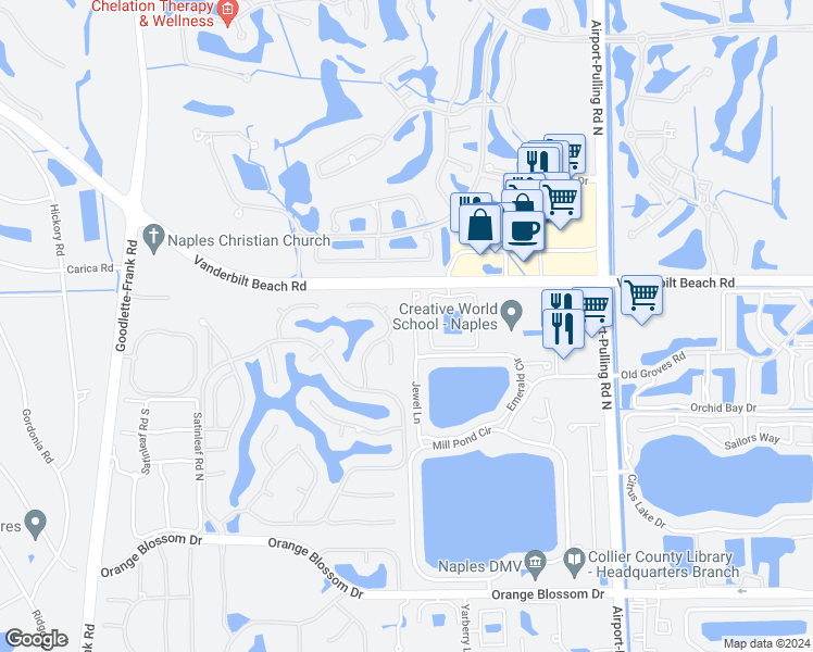 map of restaurants, bars, coffee shops, grocery stores, and more near 7767 Jewel Lane in Naples