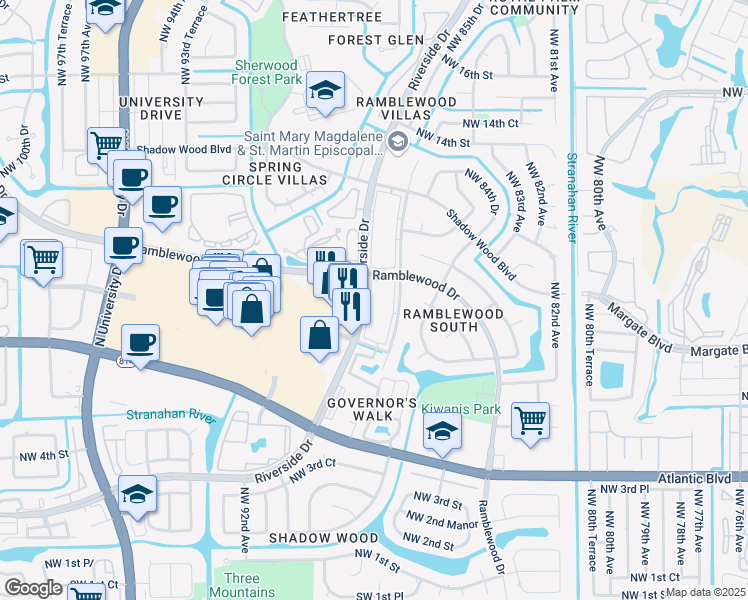 map of restaurants, bars, coffee shops, grocery stores, and more near 977 Riverside Drive in Coral Springs
