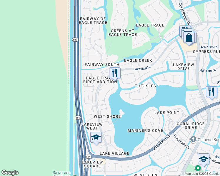 map of restaurants, bars, coffee shops, grocery stores, and more near 1004 Northwest 123rd Drive in Coral Springs