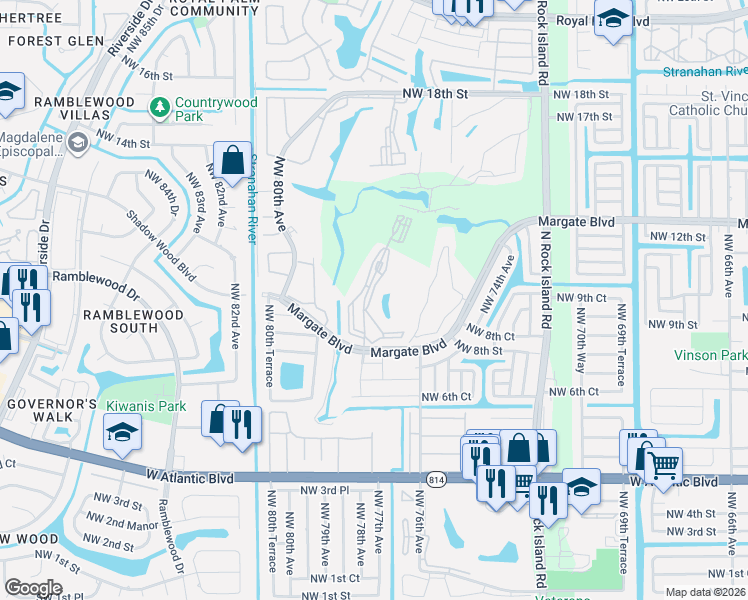 map of restaurants, bars, coffee shops, grocery stores, and more near 7877 Golf Circle Drive in Margate