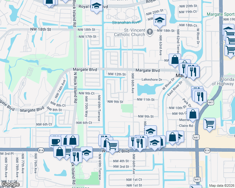 map of restaurants, bars, coffee shops, grocery stores, and more near 985 Northwest 67th Terrace in Margate