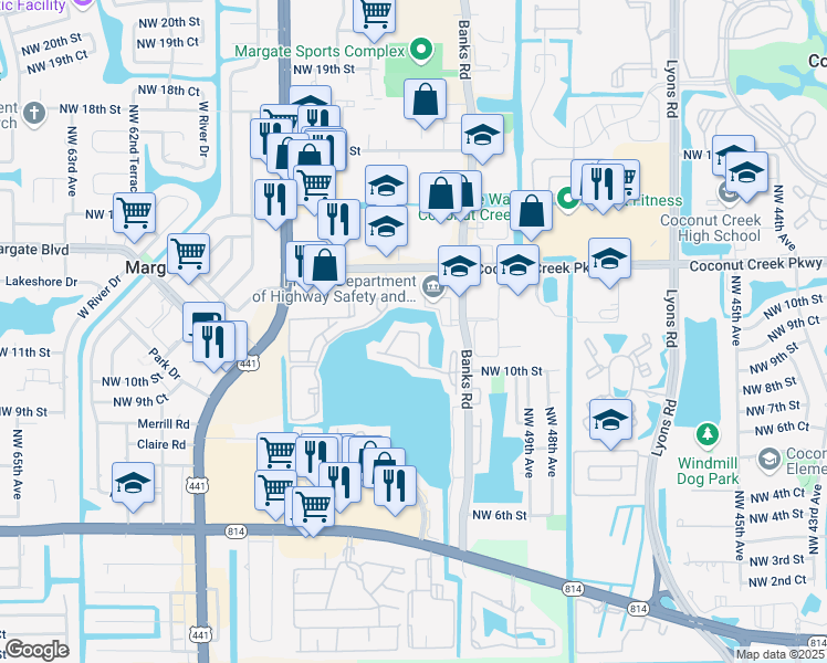 map of restaurants, bars, coffee shops, grocery stores, and more near 713 Banks Road in Margate