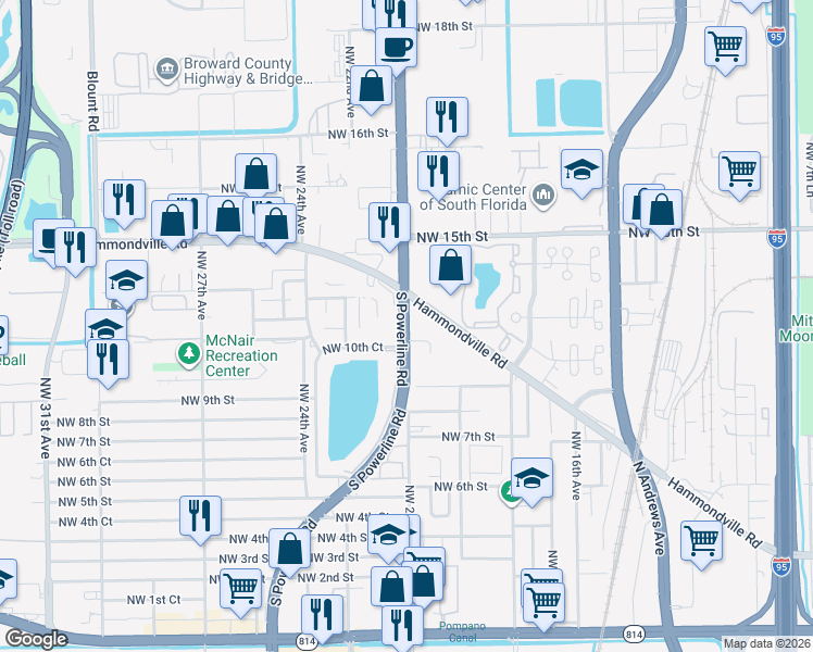 map of restaurants, bars, coffee shops, grocery stores, and more near 11235 Northwest 21st Avenue in Pompano Beach