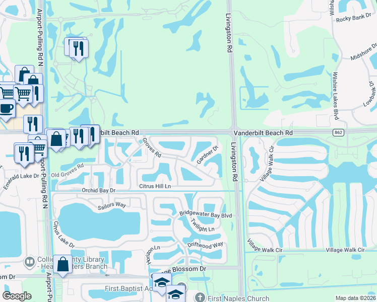 map of restaurants, bars, coffee shops, grocery stores, and more near 7700 Gardner Drive in Naples