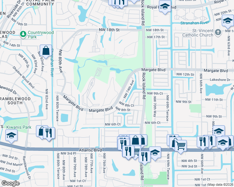 map of restaurants, bars, coffee shops, grocery stores, and more near 7520 Margate Boulevard in Margate