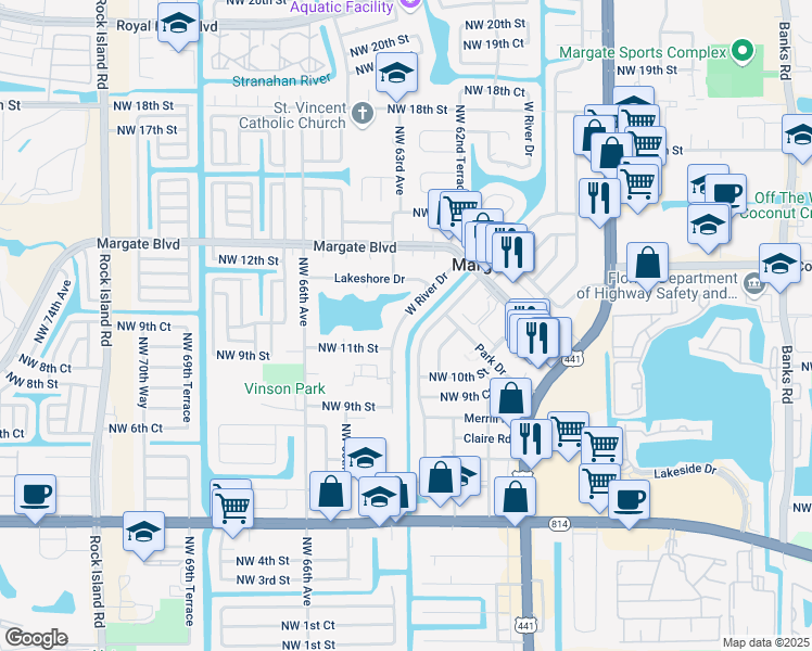 map of restaurants, bars, coffee shops, grocery stores, and more near 1186 West River Drive in Margate