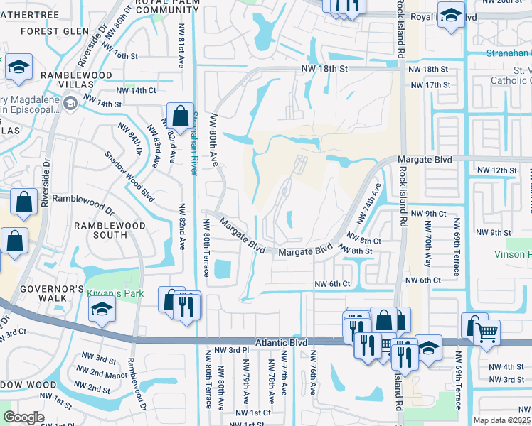 map of restaurants, bars, coffee shops, grocery stores, and more near 7877 Golf Circle Drive in Margate