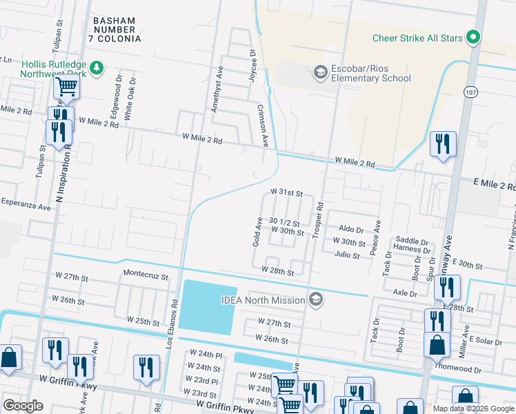 map of restaurants, bars, coffee shops, grocery stores, and more near 3013 Gold Avenue in Mission