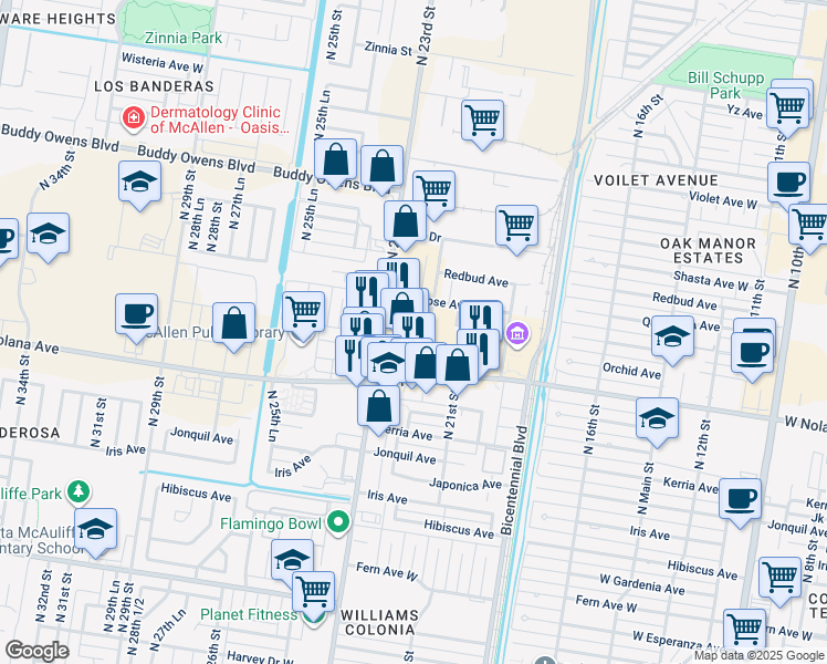 map of restaurants, bars, coffee shops, grocery stores, and more near 4107 N 22nd St in McAllen