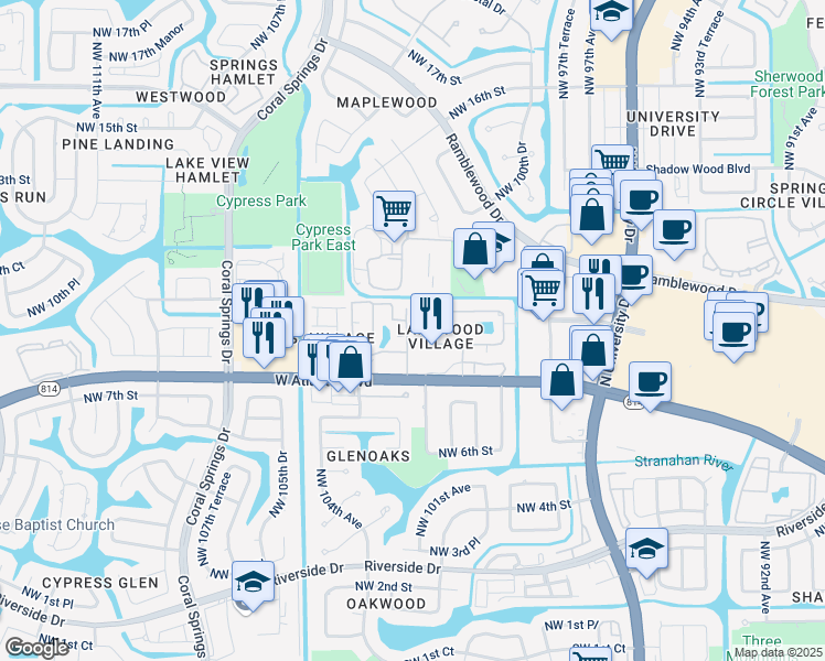 map of restaurants, bars, coffee shops, grocery stores, and more near 848 Twin Lakes Drive in Coral Springs