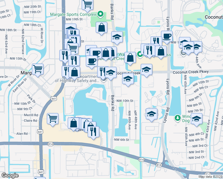 map of restaurants, bars, coffee shops, grocery stores, and more near 1121 Banks Road in Margate