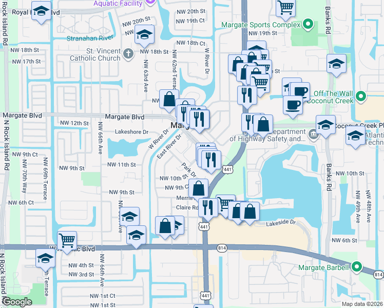 map of restaurants, bars, coffee shops, grocery stores, and more near 5818 Margate Boulevard in Margate