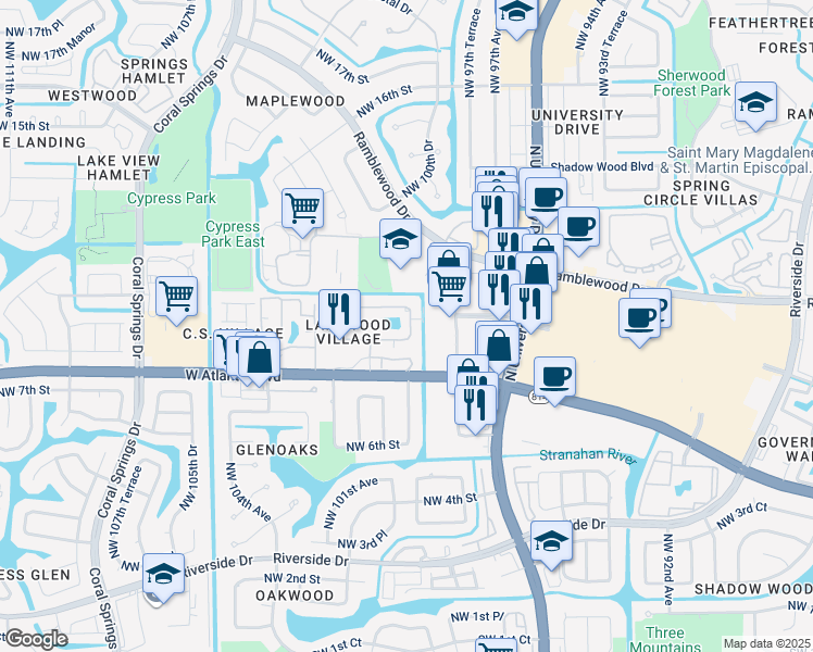 map of restaurants, bars, coffee shops, grocery stores, and more near 9963 Twin Lakes Drive in Coral Springs