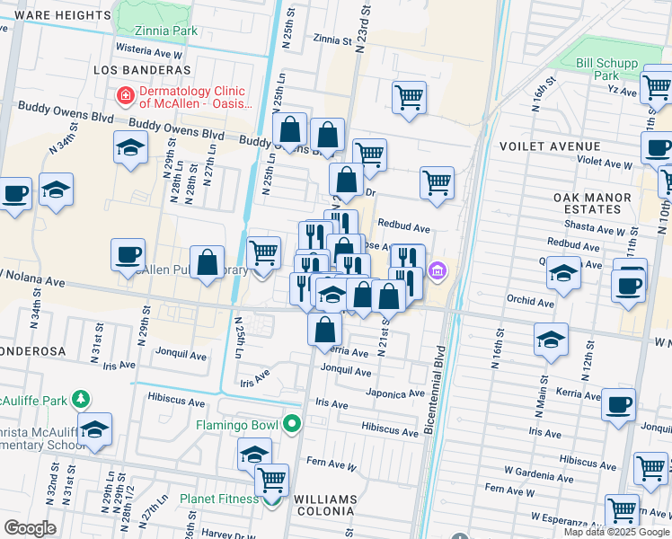 map of restaurants, bars, coffee shops, grocery stores, and more near 4107 North 22nd Street in McAllen