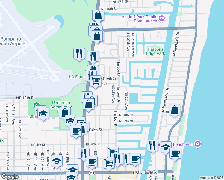 map of restaurants, bars, coffee shops, grocery stores, and more near 949 Northeast 25th Avenue in Pompano Beach