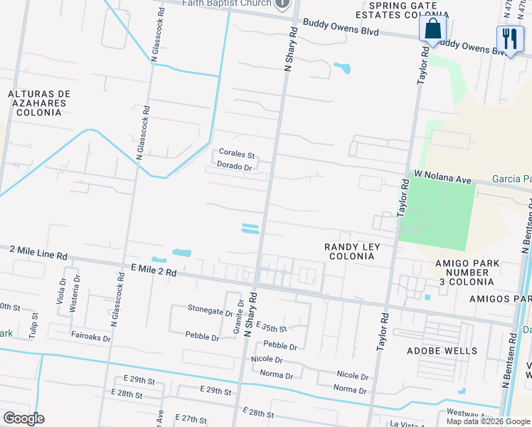map of restaurants, bars, coffee shops, grocery stores, and more near 2400 Durango Drive in Mission