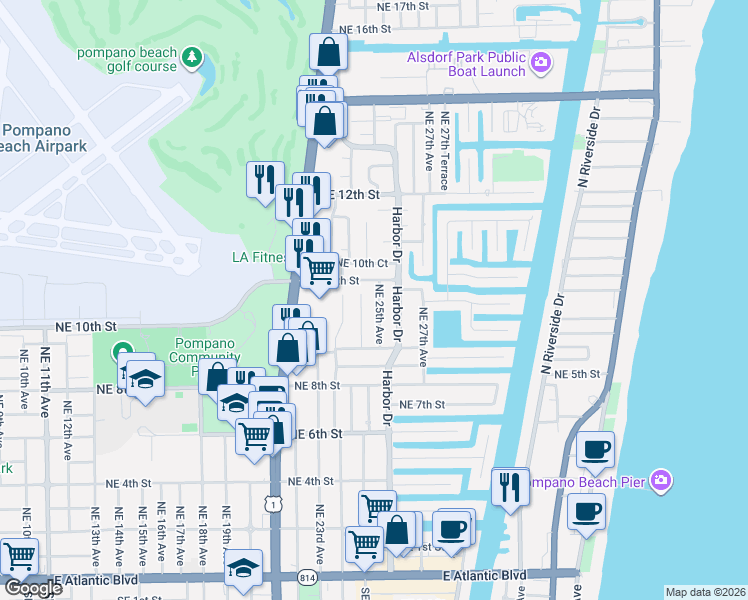 map of restaurants, bars, coffee shops, grocery stores, and more near 949 Northeast 25th Avenue in Pompano Beach