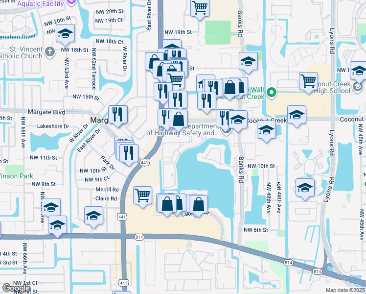 map of restaurants, bars, coffee shops, grocery stores, and more near 5750 Lakeside Drive in Margate