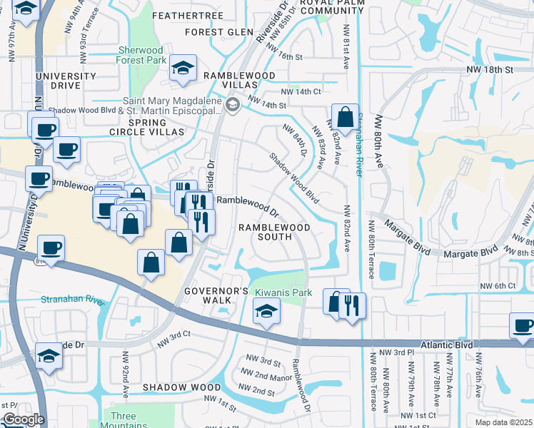 map of restaurants, bars, coffee shops, grocery stores, and more near 998 Ramblewood Drive in Coral Springs