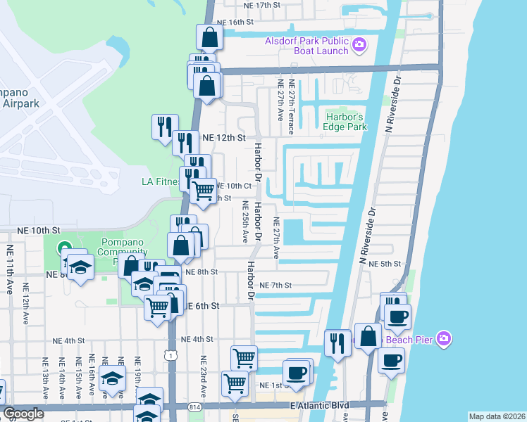 map of restaurants, bars, coffee shops, grocery stores, and more near 2660 Northeast 9th Court in Pompano Beach