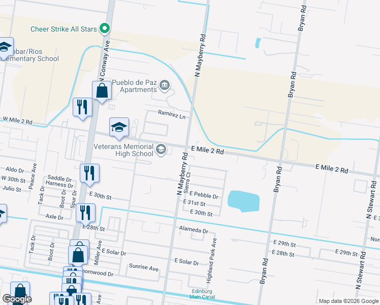 map of restaurants, bars, coffee shops, grocery stores, and more near 3124 North Mayberry Street in Mission