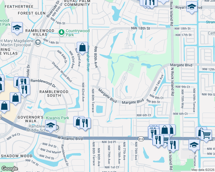 map of restaurants, bars, coffee shops, grocery stores, and more near 7895 Margate Boulevard in Margate