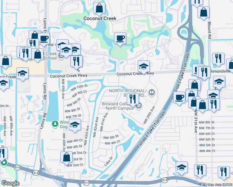 map of restaurants, bars, coffee shops, grocery stores, and more near 941 Northwest 41st Avenue in Coconut Creek
