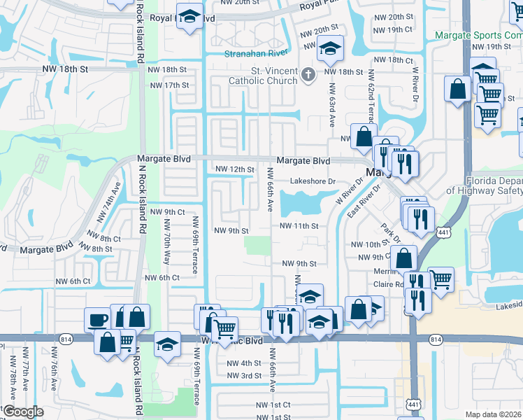 map of restaurants, bars, coffee shops, grocery stores, and more near 1000 Northwest 66th Terrace in Margate