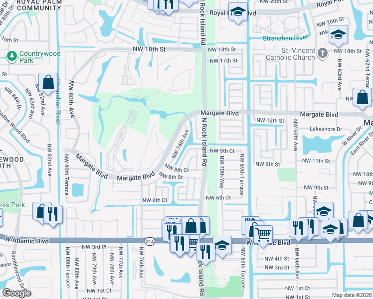 map of restaurants, bars, coffee shops, grocery stores, and more near 1095 Northwest 73rd Terrace in Margate