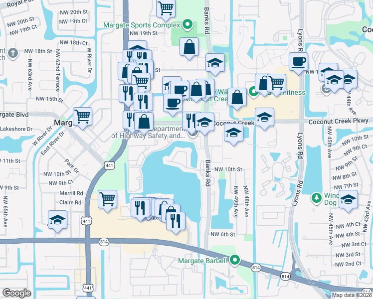 map of restaurants, bars, coffee shops, grocery stores, and more near 713 Banks Road in Margate