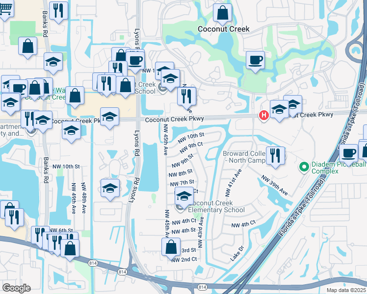 map of restaurants, bars, coffee shops, grocery stores, and more near 4331 Northwest 9th Court in Coconut Creek