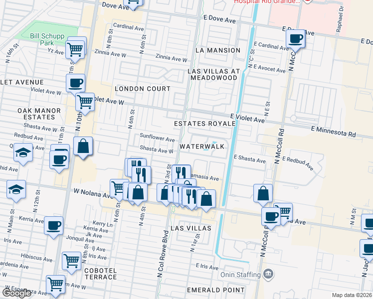 map of restaurants, bars, coffee shops, grocery stores, and more near 4505 North 1st Lane in McAllen