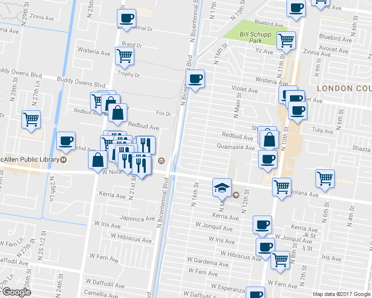 map of restaurants, bars, coffee shops, grocery stores, and more near 1712 Primrose Avenue in McAllen
