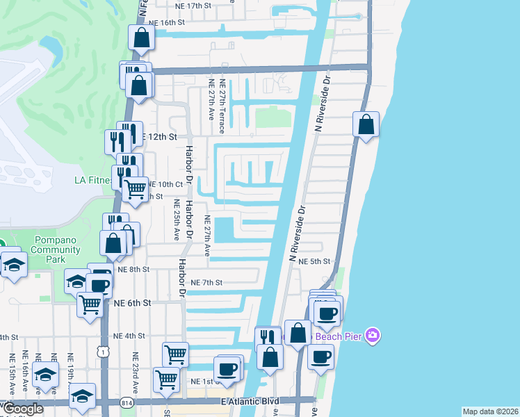 map of restaurants, bars, coffee shops, grocery stores, and more near 2811 Northeast 9th Court in Pompano Beach