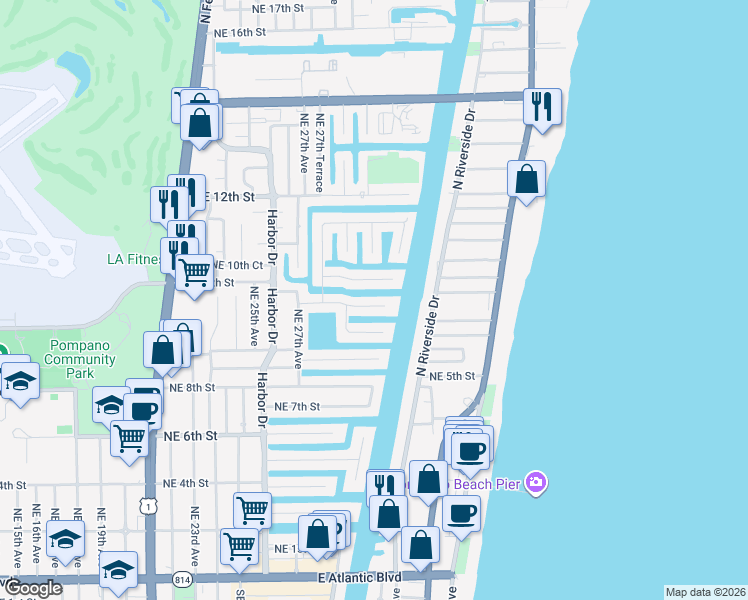 map of restaurants, bars, coffee shops, grocery stores, and more near 2811 Northeast 9th Court in Pompano Beach
